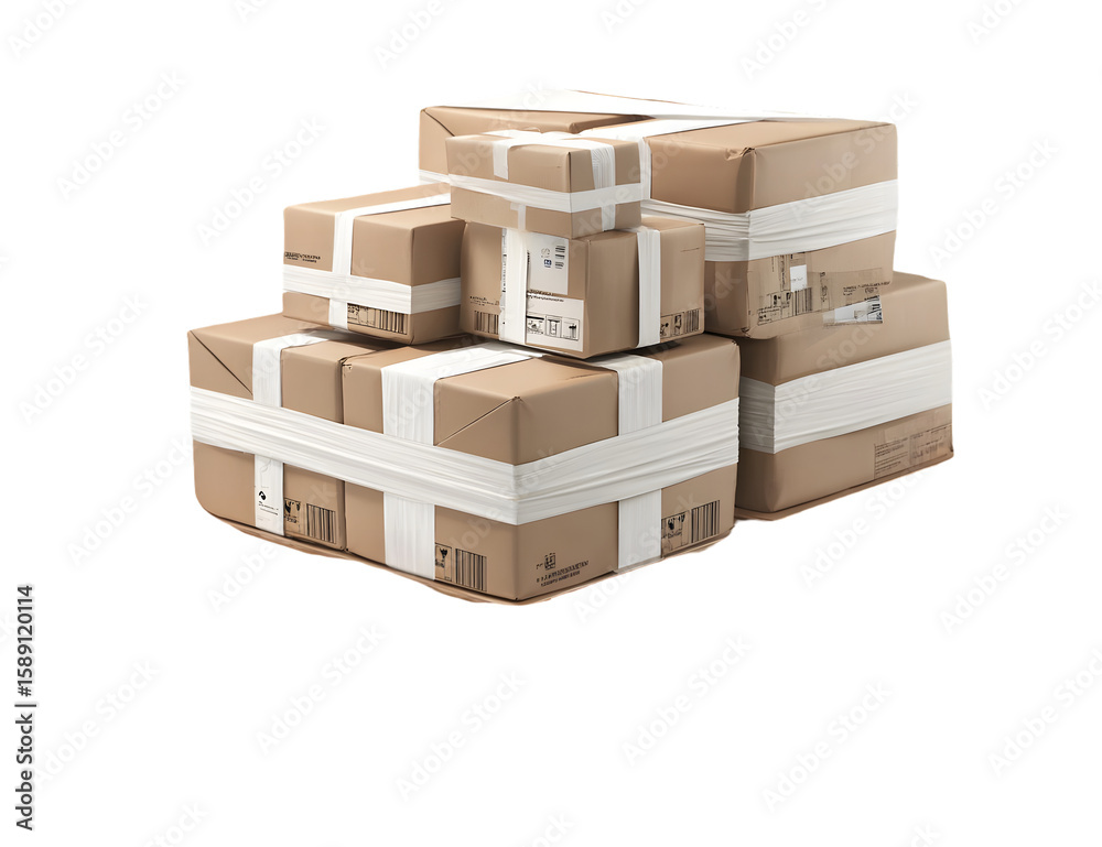 Stacked cardboard boxes wrapped with white tape. Stacked cardboard boxes wrapped with white tape.