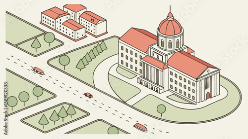Isometric city illustration of government building with dome and surrounding landscape design view
