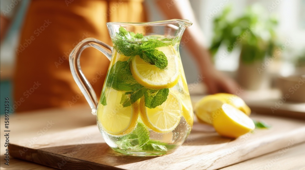 Fototapeta premium Refreshing Lemon Mint Infused Water in Glass Pitcher with Citrus Slices.