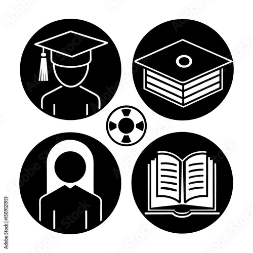 Book, Online Class, and Graduation Icons in Flat Style.