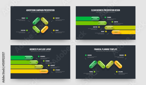 Market Plan Four Step Diagram Slide Template Vector Illustration Collection. Creative Showcase 4 Element Infographic Frame Layout Set.