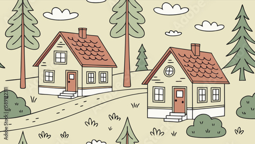 Illustration of cute houses in a landscape with trees and clouds vector drawing for children and adults