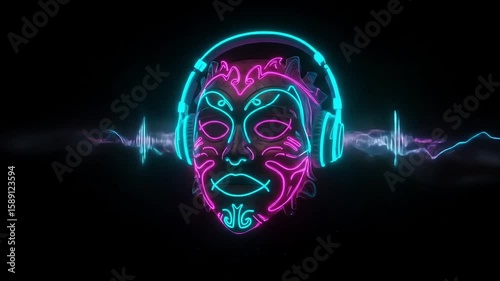 Neon skull with glowing features in dark foggy setting  