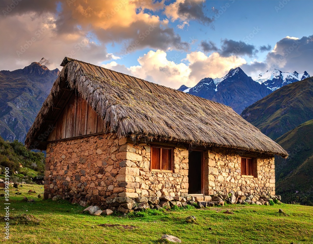 Obraz premium Rustic mountain hut at sunset