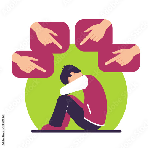 Human fingers pointing at crying man, flat vector illustration. Social pressure, verbal bullying concept.
