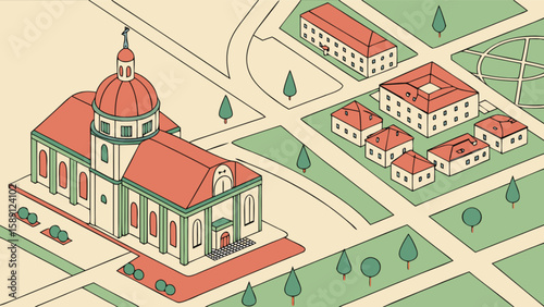 Isometric city map illustration featuring church buildings and parks for urban planning and design visuals