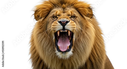 Majestic roaring lion against pristine backdrop showcasing raw power and untamed strength