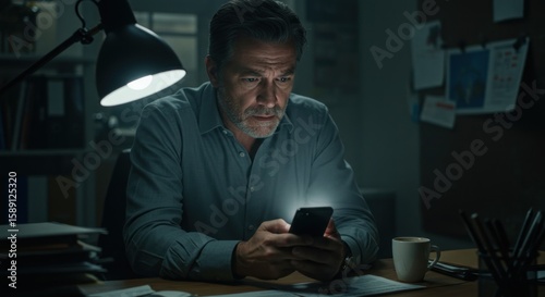 Man engrossed in smartphone at desk illuminated by lamp in shadowy ambiance