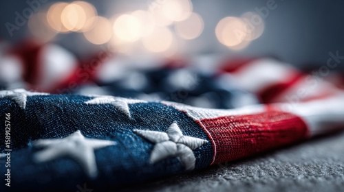 Close-up of a folded American flag with stars and stripes on a dark surface.