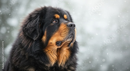 Majestic Tibetan Mastiff portrait in falling snow evoking serene winter landscape