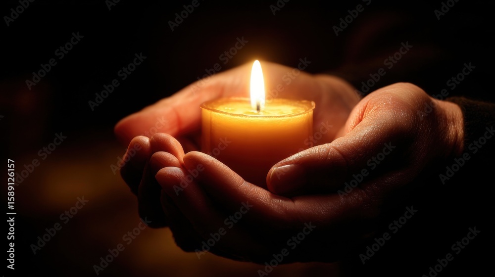 Hands Holding a Lit Candle in Darkness for Reflection Remembrance and Calm. Hands Holding a Lit Candle in Darkness for Reflection Remembrance and Calm.