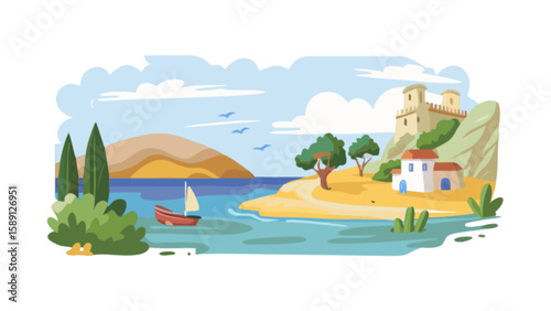 Beautiful mediterranean sea landscape vector illustration with boat castle and beach travel destination scene