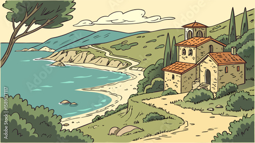 Mediterranean coastal landscape drawing with villa, beach, and sea view for travel and tourism design