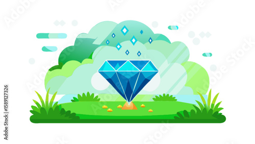 Illustration of blue diamond treasure on green grass field with cloud background vector design 100 char