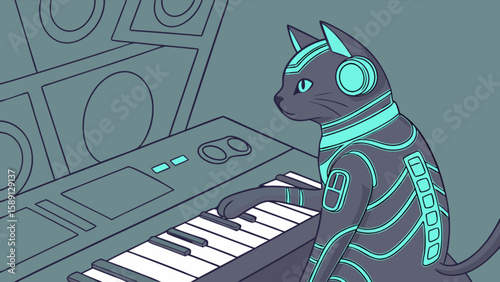 Cyberpunk cat dj playing keyboard music futuristic neon lights synthwave digital art illustration style