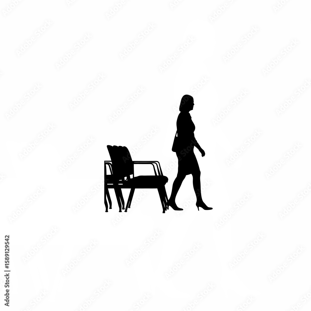 Fototapeta premium Silhouette of woman pacing slowly in waiting room on white background