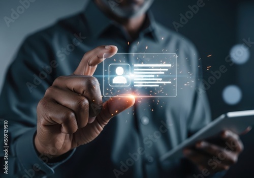 Man holds futuristic digital identity card with glowing data and sparks