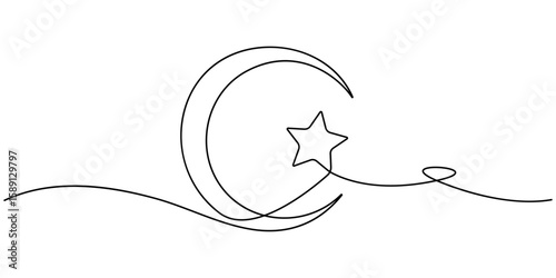 Continuous one line drawing of Star and Crescent moon. Single line drawing illustration of Islamic symbol. Ramadan kareem concept vector art. Doodle line illustration. 