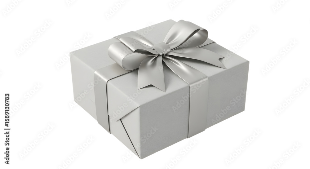 Silver Wrapped Gift Box with Satin Ribbon and Bow Angled View. Silver Wrapped Gift Box with Satin Ribbon and Bow Angled View.