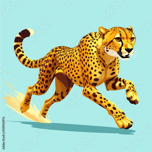 Cartoon illustration of a cheetah sprinting at full speed, showcasing its power and grace against a light blue background with dynamic motion effects.