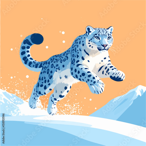 Illustrated snow leopard leaps across snow in the mountains, a stylized vector graphic perfect for wildlife and adventure themed designs.