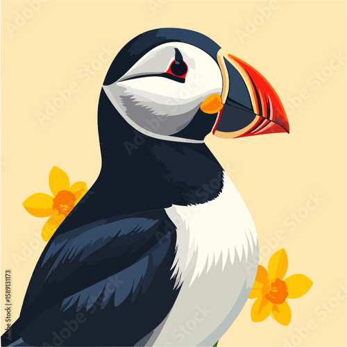 A stylized puffin illustration with a distinctive beak poses against a neutral background accented with bright yellow daffodils.