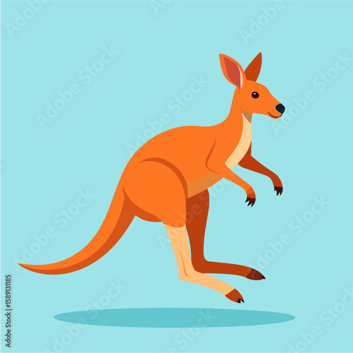 A vibrant, stylized cartoon illustration of a jumping kangaroo on a light blue background, perfect for children's books, educational materials or animal-themed designs.