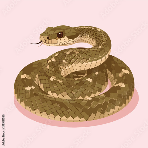 Cartoon coiled snake illustration with a long black tongue on a pink background, a cute depiction of a dangerous reptile.