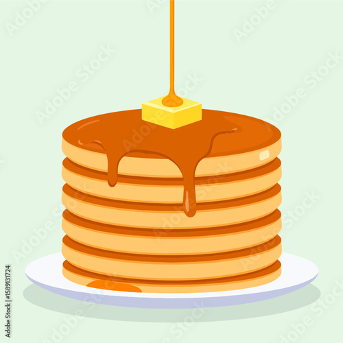 Illustrated stack of golden pancakes on a plate, topped with melting butter and dripping with sweet syrup against a soft green background.