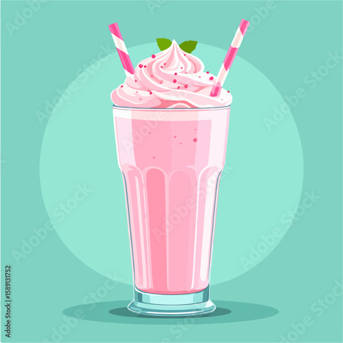 Illustrated vector of a delicious pink strawberry milkshake in a glass with whipped cream, red sprinkles, striped straws and mint leaves, isolated on a clean mint green background.