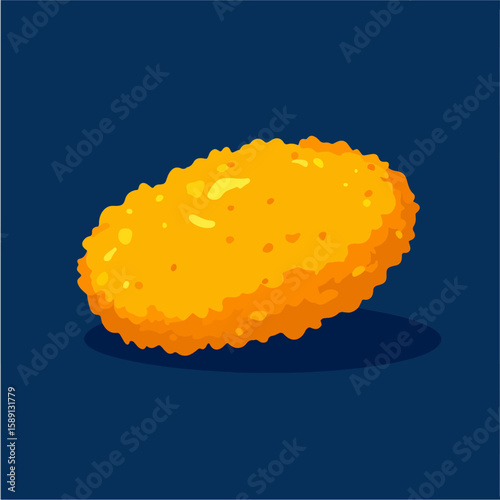 Cartoon illustration of a crispy chicken nugget with a golden brown breading, isolated against a solid blue background and a soft shadow.