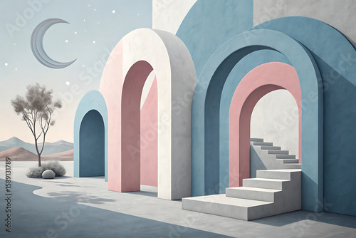 Minimal Architecture Art Illustration | Abstract Arches with Moon Design