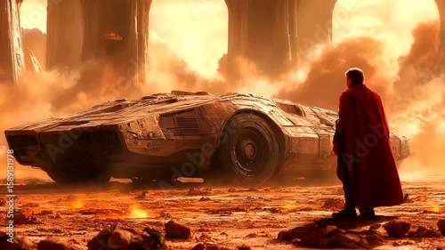 Hero in cape next to futuristic transport, epic orange landscape