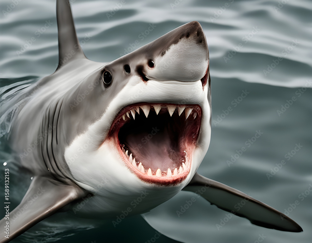 Naklejka premium Dramatic close-up of a great white shark emerging from the ocean with jaws wide open, displaying razor-sharp teeth and piercing eyes, ideal for wildlife, adventure, or thriller-themed projects.