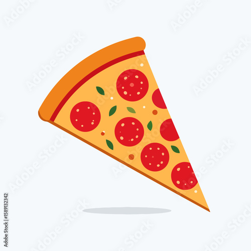 A stylized vector illustration features a single slice of pepperoni pizza with basil leaves, set against a clean, light background.