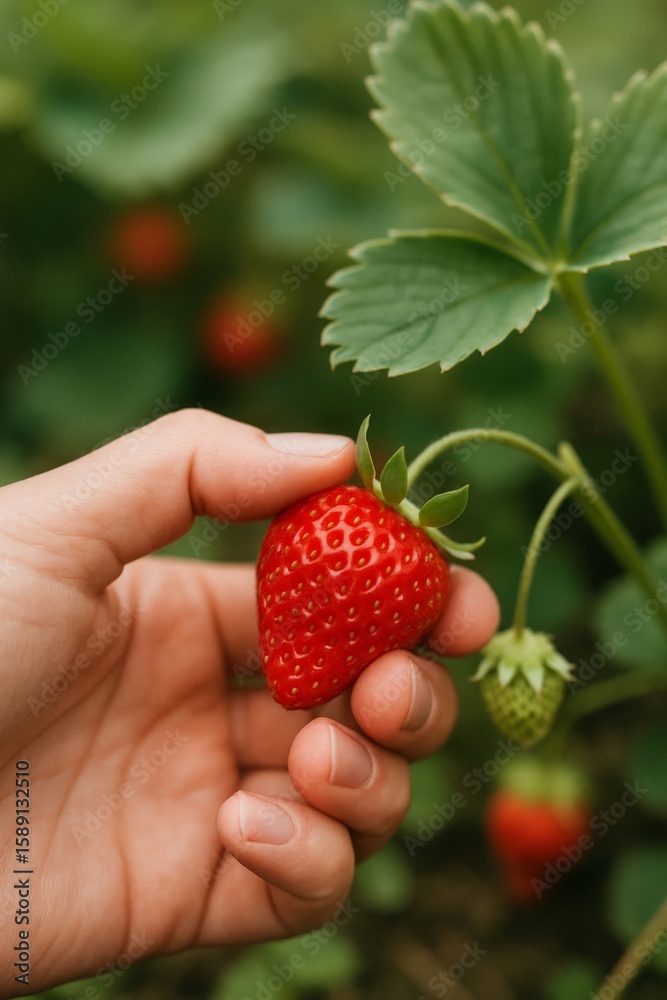 Obraz premium Hand gently holding a ripe strawberry on the plant, highlighting freshness and organic farming in a natural garden setting.