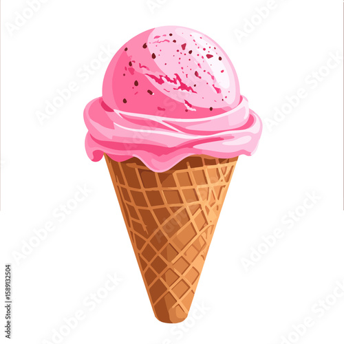 Vector illustration of a strawberry ice cream cone with dark chocolate sprinkles, creating a delicious and refreshing treat perfect for summer days.