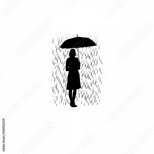 Silhouette of woman standing still in rain with umbrella closed on white background