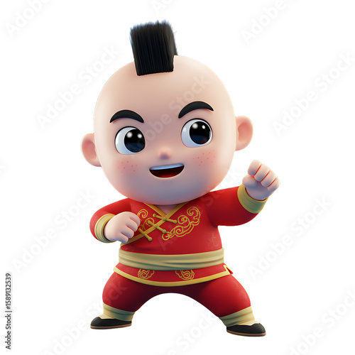 Cute Kung Fighter Cartoon Isolated Blue Background