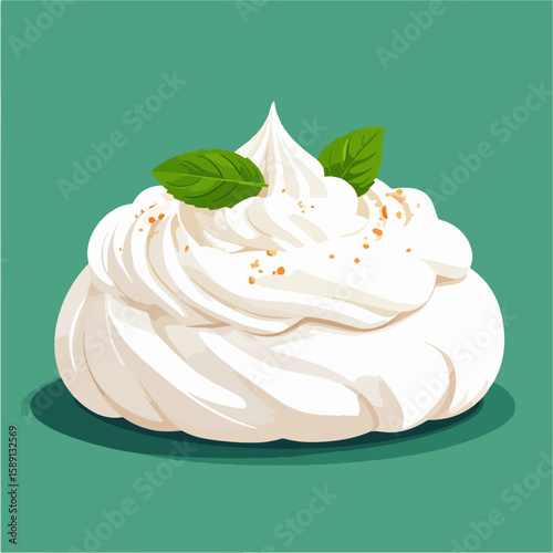 A vector illustration of a delicate meringue dessert topped with fresh green mint leaves and a sprinkle of orange zest, isolated on a refreshing green background.