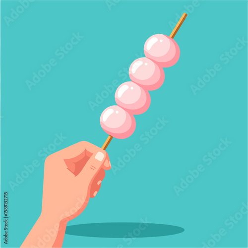 Cartoon illustration featuring a hand holding a Dango skewer against a vibrant turquoise backdrop, evoking Japanese street food and culinary culture.
