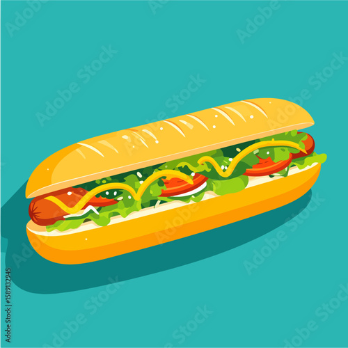 Illustration of a delicious hot dog with sausage, lettuce, tomato, and mustard in a long bun, displayed against a teal background with a shadow.