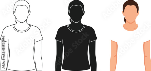 Three depictions of a woman in a white t-shirt are presented, one as a line drawing, another as a solid black silhouette, and the third as a fully colored illustration.