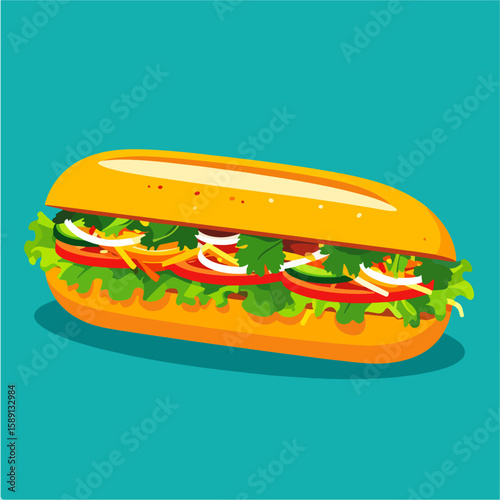 Vibrant vector illustration of a fresh and appetizing submarine sandwich, featuring crisp lettuce, juicy tomatoes, and vibrant toppings against a clean teal background.