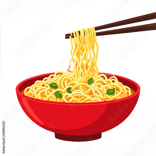 Colorful vector illustration of a red bowl filled with delicious Asian noodles, garnished with green onions, lifted with brown chopsticks against a white background.