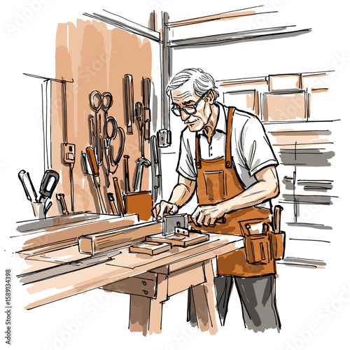 Senior man working diligently on woodworking project in workshop  