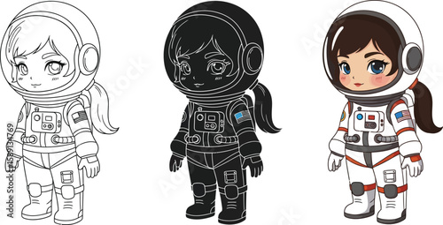 A cute cartoon astronaut girl is showcased in three styles outline, silhouette, and colored, wearing a spacesuit with the American flag patch, perfect for educational or creative projects.