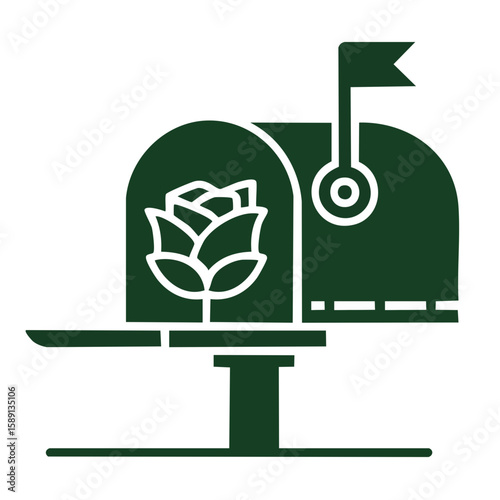 Green Mailbox with Rose Emblem Design isolated on black background. Isolated vector graphic of postbox icon and garden plant design.