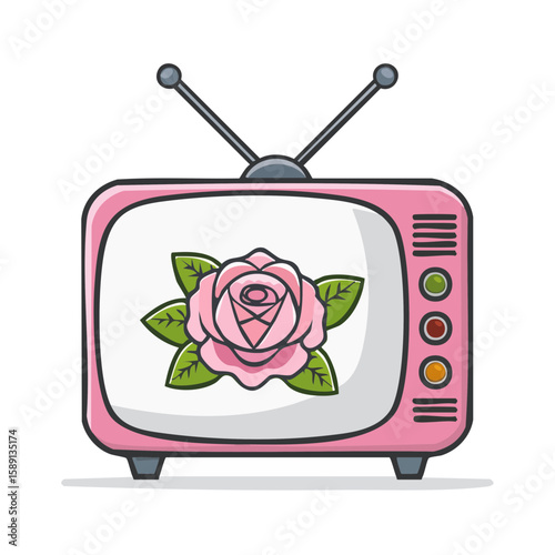 Retro television displays a floral design Rose blooms adorn old tv in pink hue with antenna and vintage aesthetic illustration