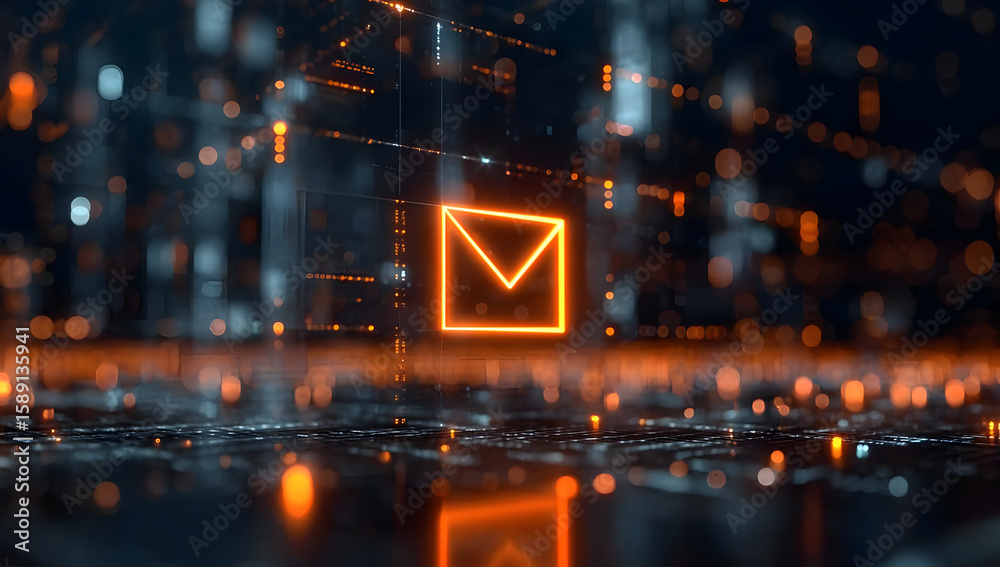 Fototapeta premium Futuristic digital communication concept with glowing email icon amidst a network of technology-themed data streams in vibrant colors.